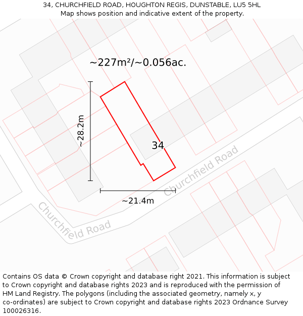 34, CHURCHFIELD ROAD, HOUGHTON REGIS, DUNSTABLE, LU5 5HL: Plot and title map