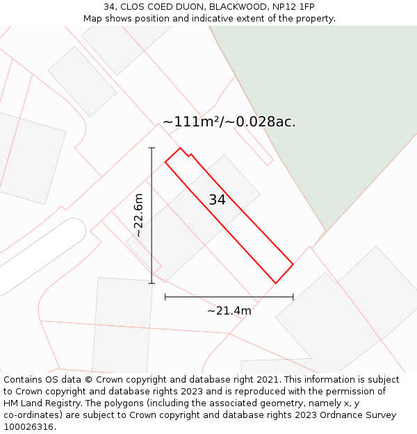 34, CLOS COED DUON, BLACKWOOD, NP12 1FP: Plot and title map