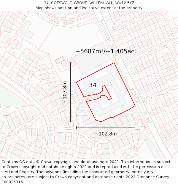 34, COTSWOLD GROVE, WILLENHALL, WV12 5YZ: Plot and title map