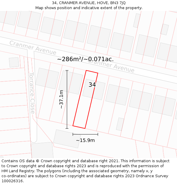 34, CRANMER AVENUE, HOVE, BN3 7JQ: Plot and title map