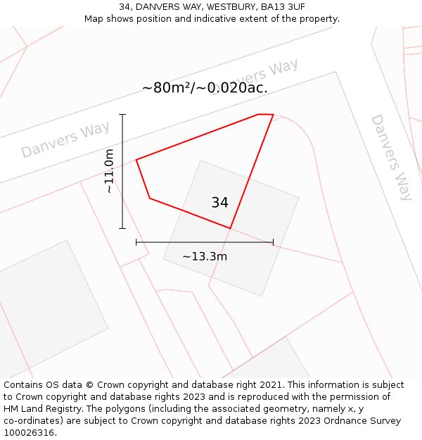 34, DANVERS WAY, WESTBURY, BA13 3UF: Plot and title map
