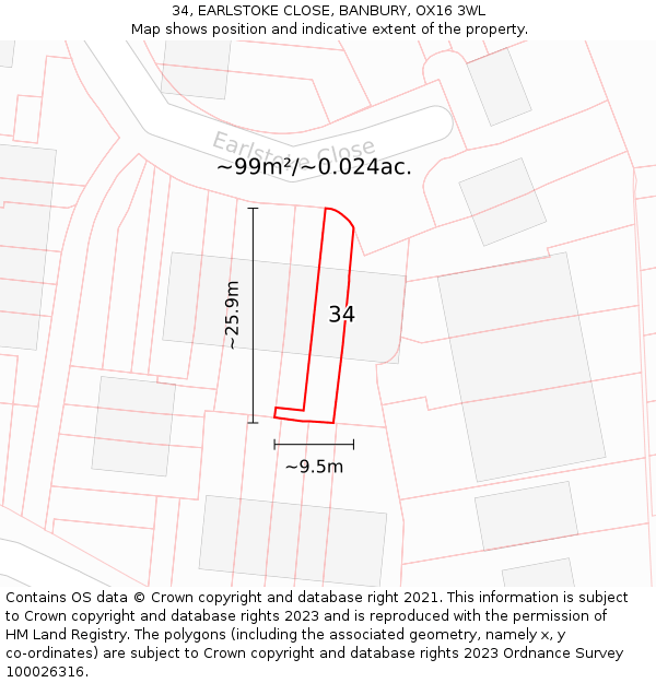 34, EARLSTOKE CLOSE, BANBURY, OX16 3WL: Plot and title map