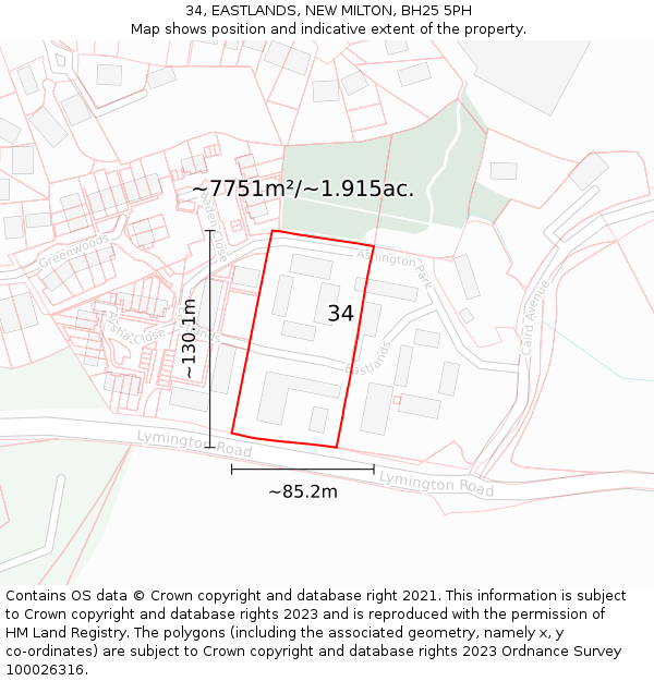 34, EASTLANDS, NEW MILTON, BH25 5PH: Plot and title map