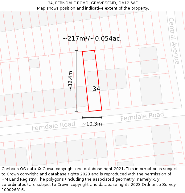 34, FERNDALE ROAD, GRAVESEND, DA12 5AF: Plot and title map