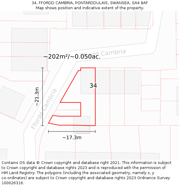 34, FFORDD CAMBRIA, PONTARDDULAIS, SWANSEA, SA4 8AF: Plot and title map