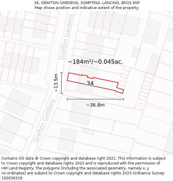 34, GRAFTON GARDENS, SOMPTING, LANCING, BN15 9SP: Plot and title map