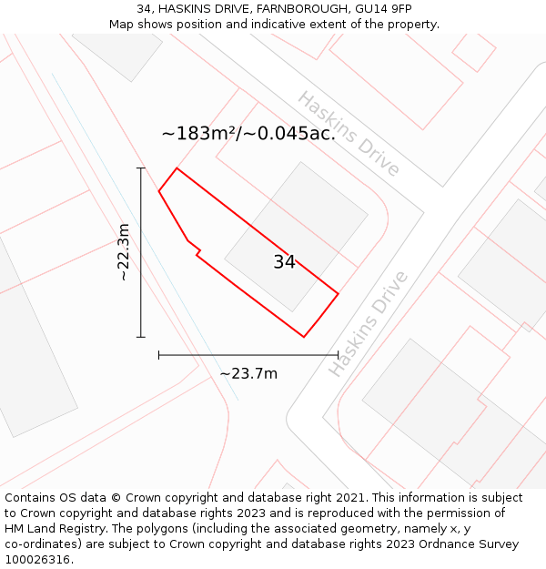 34, HASKINS DRIVE, FARNBOROUGH, GU14 9FP: Plot and title map
