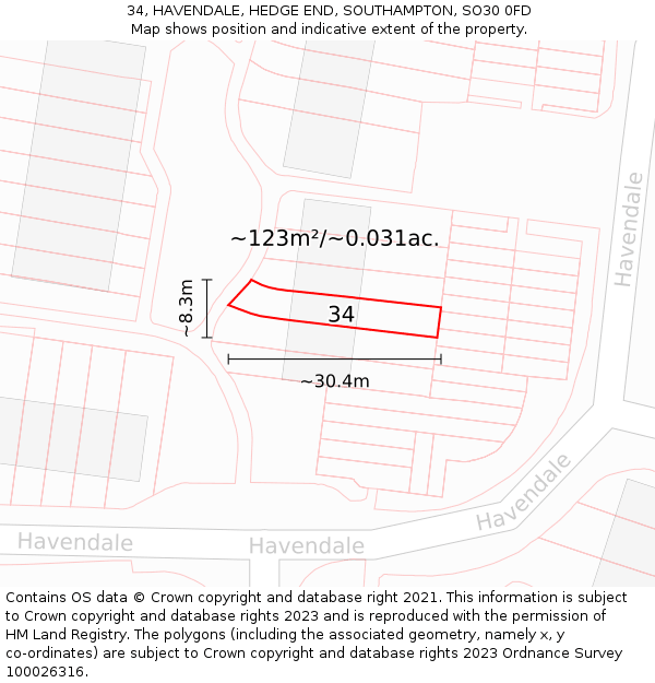 34, HAVENDALE, HEDGE END, SOUTHAMPTON, SO30 0FD: Plot and title map