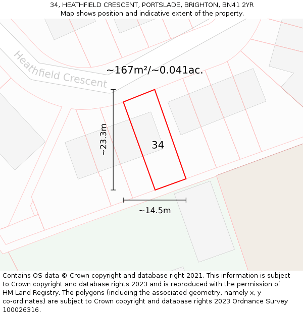 34, HEATHFIELD CRESCENT, PORTSLADE, BRIGHTON, BN41 2YR: Plot and title map