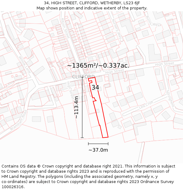 34, HIGH STREET, CLIFFORD, WETHERBY, LS23 6JF: Plot and title map