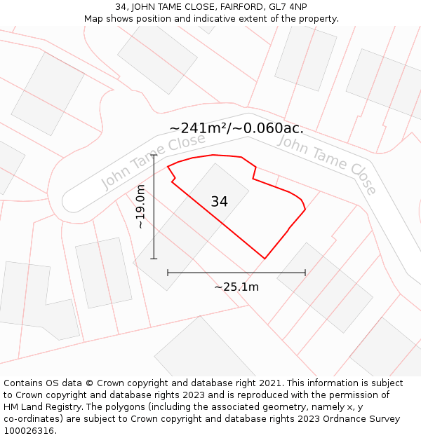 34, JOHN TAME CLOSE, FAIRFORD, GL7 4NP: Plot and title map