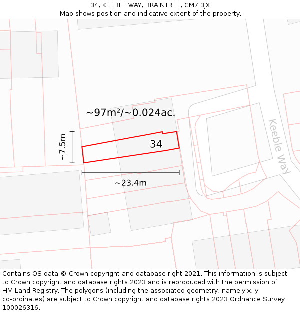 34, KEEBLE WAY, BRAINTREE, CM7 3JX: Plot and title map