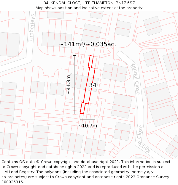 34, KENDAL CLOSE, LITTLEHAMPTON, BN17 6SZ: Plot and title map