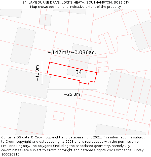 34, LAMBOURNE DRIVE, LOCKS HEATH, SOUTHAMPTON, SO31 6TY: Plot and title map