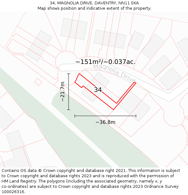 34, MAGNOLIA DRIVE, DAVENTRY, NN11 0XA: Plot and title map