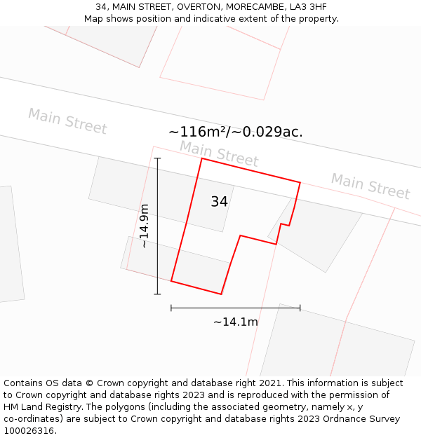 34, MAIN STREET, OVERTON, MORECAMBE, LA3 3HF: Plot and title map