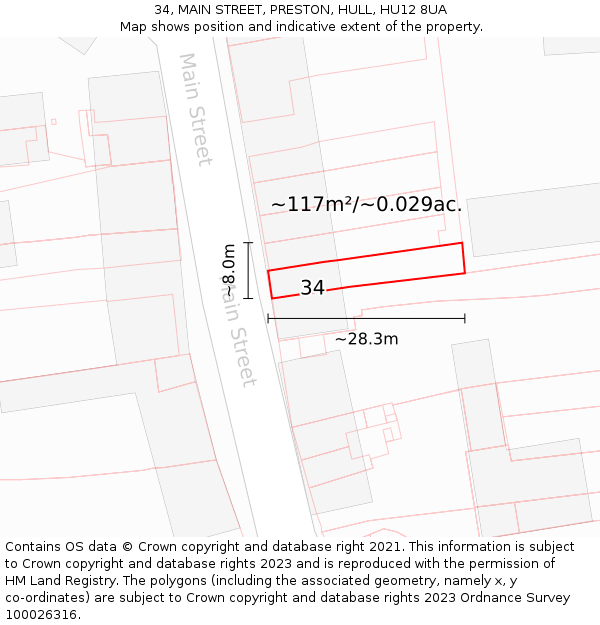 34, MAIN STREET, PRESTON, HULL, HU12 8UA: Plot and title map