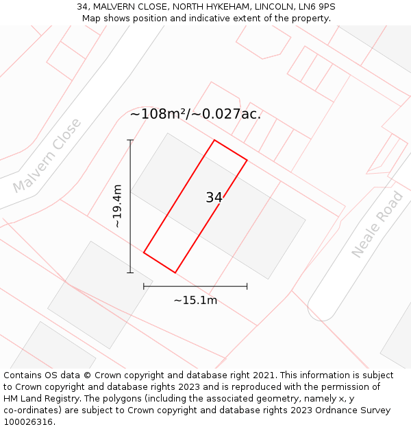 34, MALVERN CLOSE, NORTH HYKEHAM, LINCOLN, LN6 9PS: Plot and title map