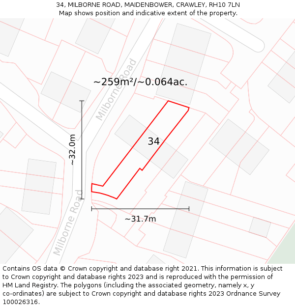 34, MILBORNE ROAD, MAIDENBOWER, CRAWLEY, RH10 7LN: Plot and title map