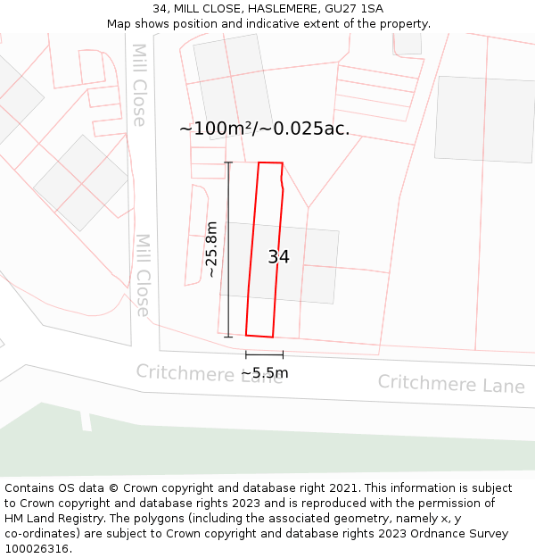 34, MILL CLOSE, HASLEMERE, GU27 1SA: Plot and title map