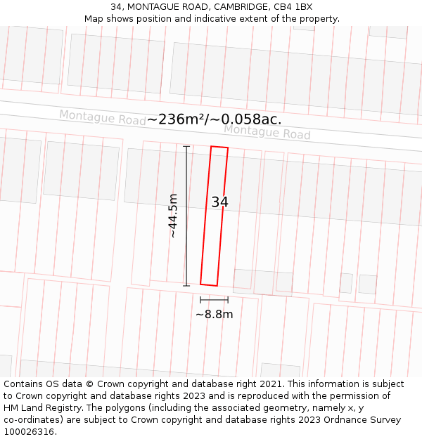 34, MONTAGUE ROAD, CAMBRIDGE, CB4 1BX: Plot and title map