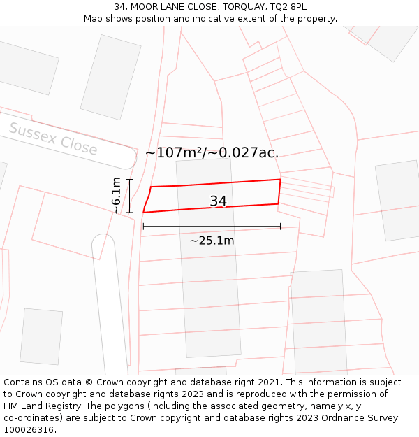 34, MOOR LANE CLOSE, TORQUAY, TQ2 8PL: Plot and title map