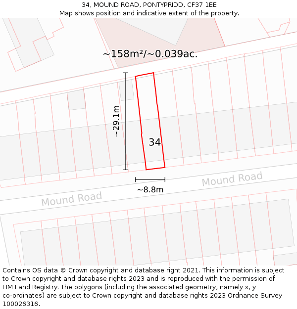 34, MOUND ROAD, PONTYPRIDD, CF37 1EE: Plot and title map