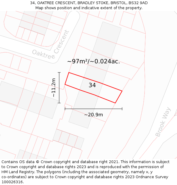 34, OAKTREE CRESCENT, BRADLEY STOKE, BRISTOL, BS32 9AD: Plot and title map
