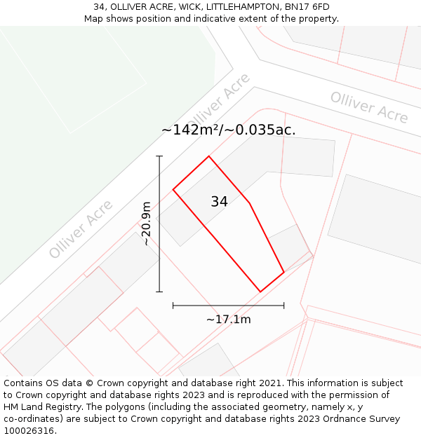 34, OLLIVER ACRE, WICK, LITTLEHAMPTON, BN17 6FD: Plot and title map