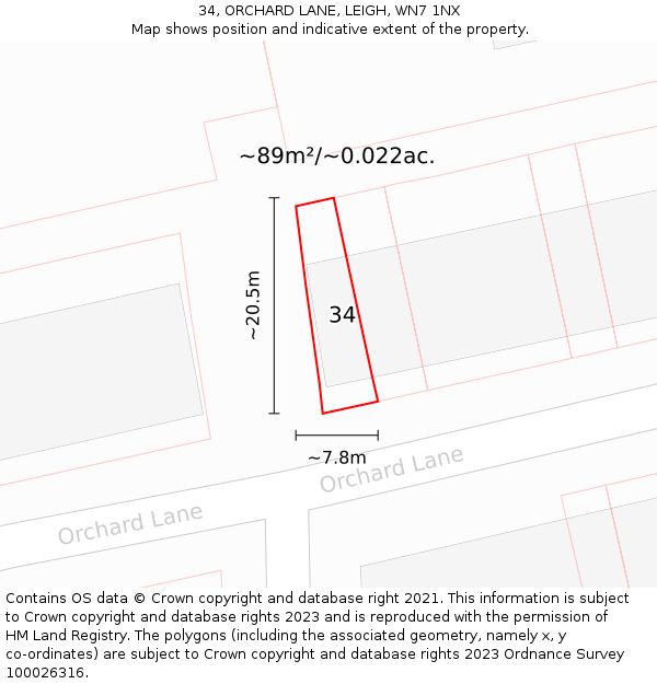 34, ORCHARD LANE, LEIGH, WN7 1NX: Plot and title map