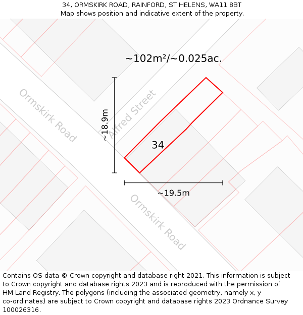 34, ORMSKIRK ROAD, RAINFORD, ST HELENS, WA11 8BT: Plot and title map