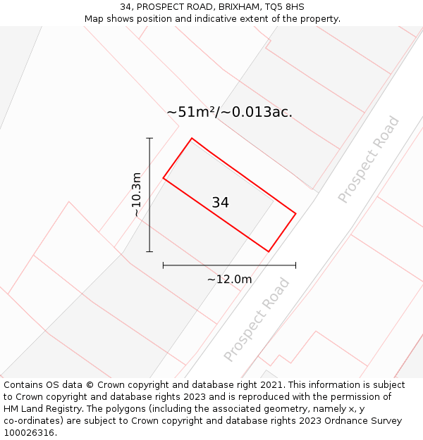 34, PROSPECT ROAD, BRIXHAM, TQ5 8HS: Plot and title map