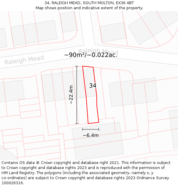 34, RALEIGH MEAD, SOUTH MOLTON, EX36 4BT: Plot and title map