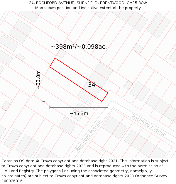 34, ROCHFORD AVENUE, SHENFIELD, BRENTWOOD, CM15 8QW: Plot and title map