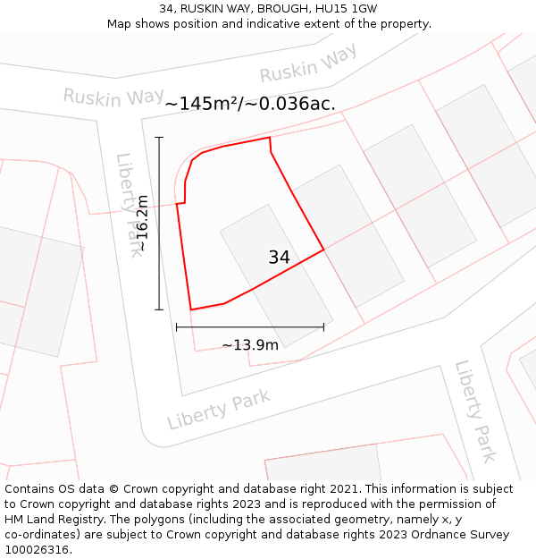 34, RUSKIN WAY, BROUGH, HU15 1GW: Plot and title map