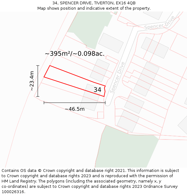 34, SPENCER DRIVE, TIVERTON, EX16 4QB: Plot and title map