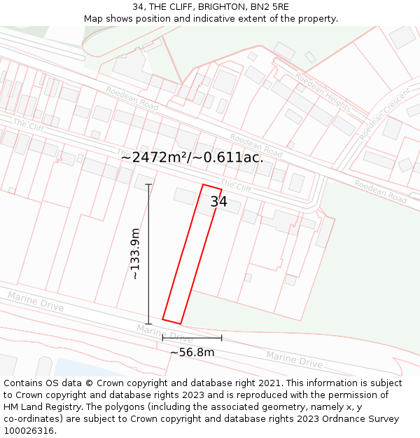 34, THE CLIFF, BRIGHTON, BN2 5RE: Plot and title map