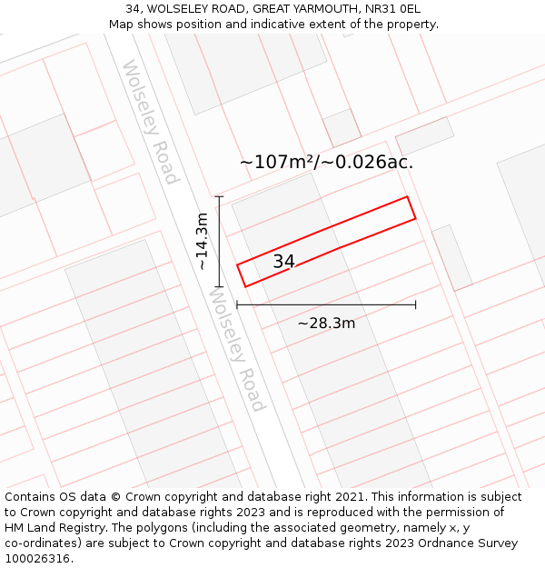 34, WOLSELEY ROAD, GREAT YARMOUTH, NR31 0EL: Plot and title map