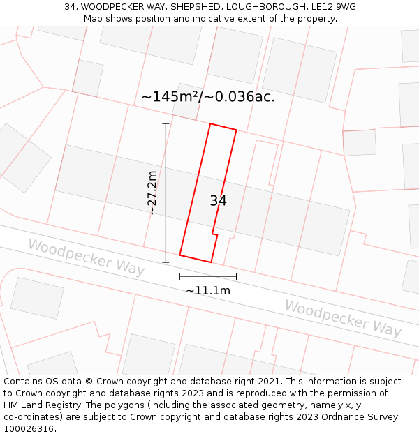 34, WOODPECKER WAY, SHEPSHED, LOUGHBOROUGH, LE12 9WG: Plot and title map
