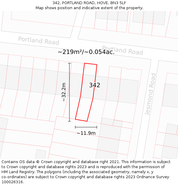 342, PORTLAND ROAD, HOVE, BN3 5LF: Plot and title map