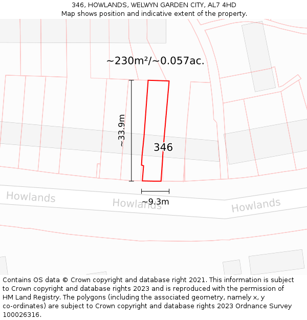346, HOWLANDS, WELWYN GARDEN CITY, AL7 4HD: Plot and title map