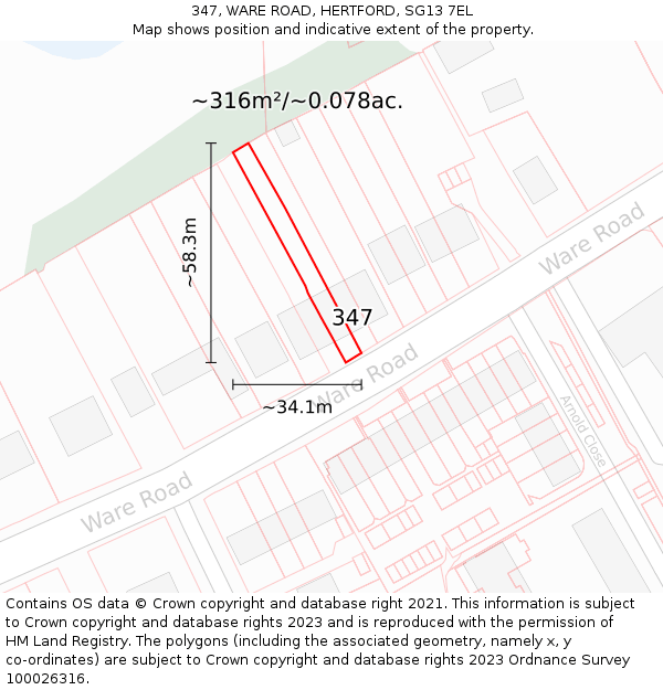 347, WARE ROAD, HERTFORD, SG13 7EL: Plot and title map