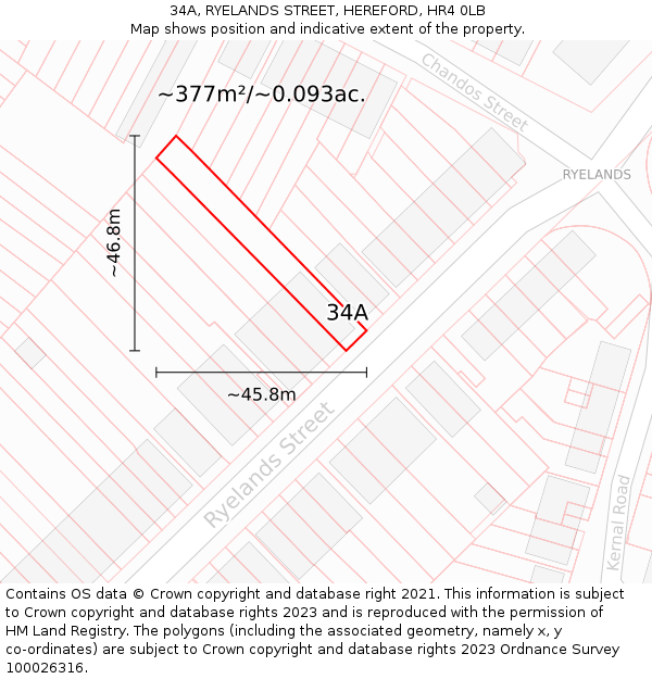 34A, RYELANDS STREET, HEREFORD, HR4 0LB: Plot and title map