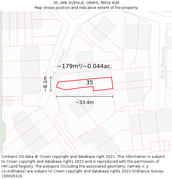 35, ARK AVENUE, GRAYS, RM16 6QR: Plot and title map