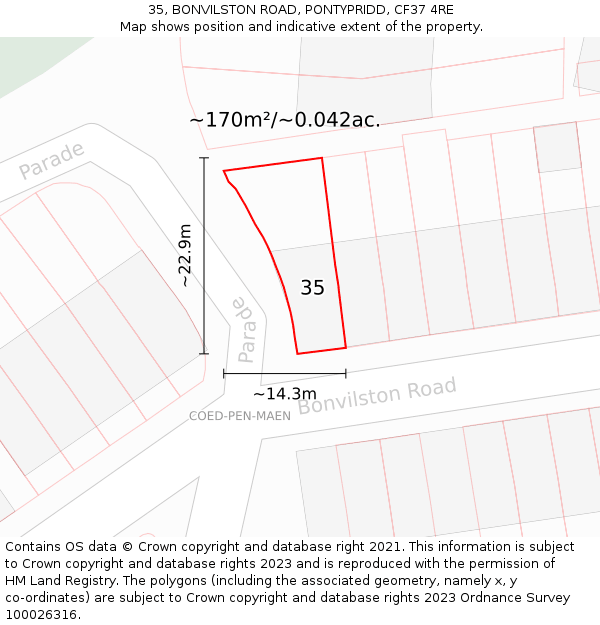 35, BONVILSTON ROAD, PONTYPRIDD, CF37 4RE: Plot and title map