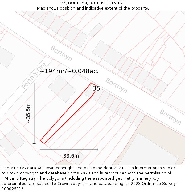 35, BORTHYN, RUTHIN, LL15 1NT: Plot and title map