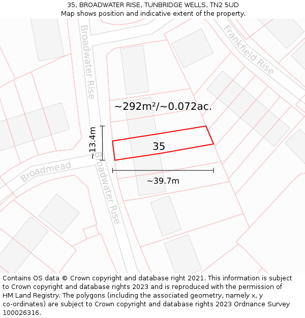 35, BROADWATER RISE, TUNBRIDGE WELLS, TN2 5UD: Plot and title map