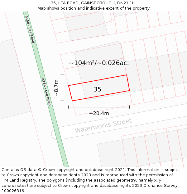 35, LEA ROAD, GAINSBOROUGH, DN21 1LL: Plot and title map