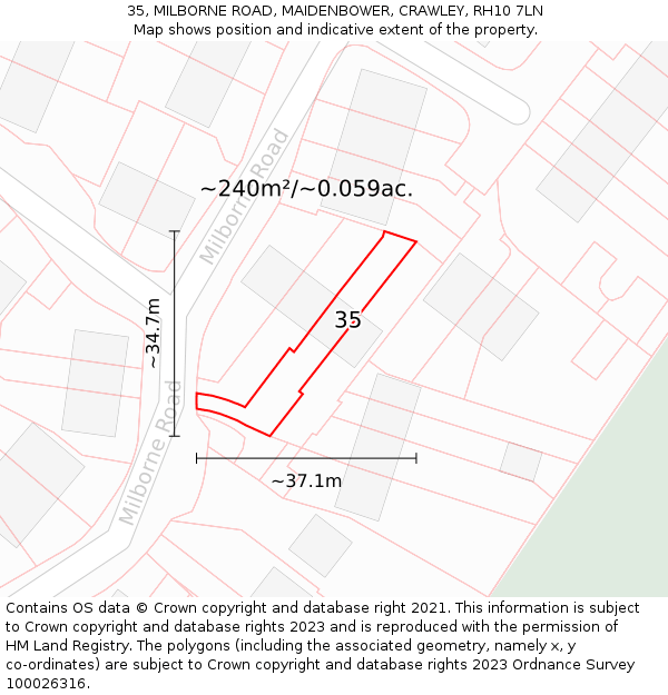 35, MILBORNE ROAD, MAIDENBOWER, CRAWLEY, RH10 7LN: Plot and title map