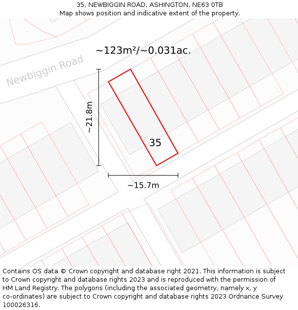 35, NEWBIGGIN ROAD, ASHINGTON, NE63 0TB: Plot and title map